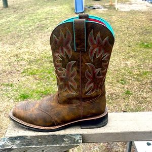 These are ARIAT boots they are Teal and a leather material. Barely been worn.